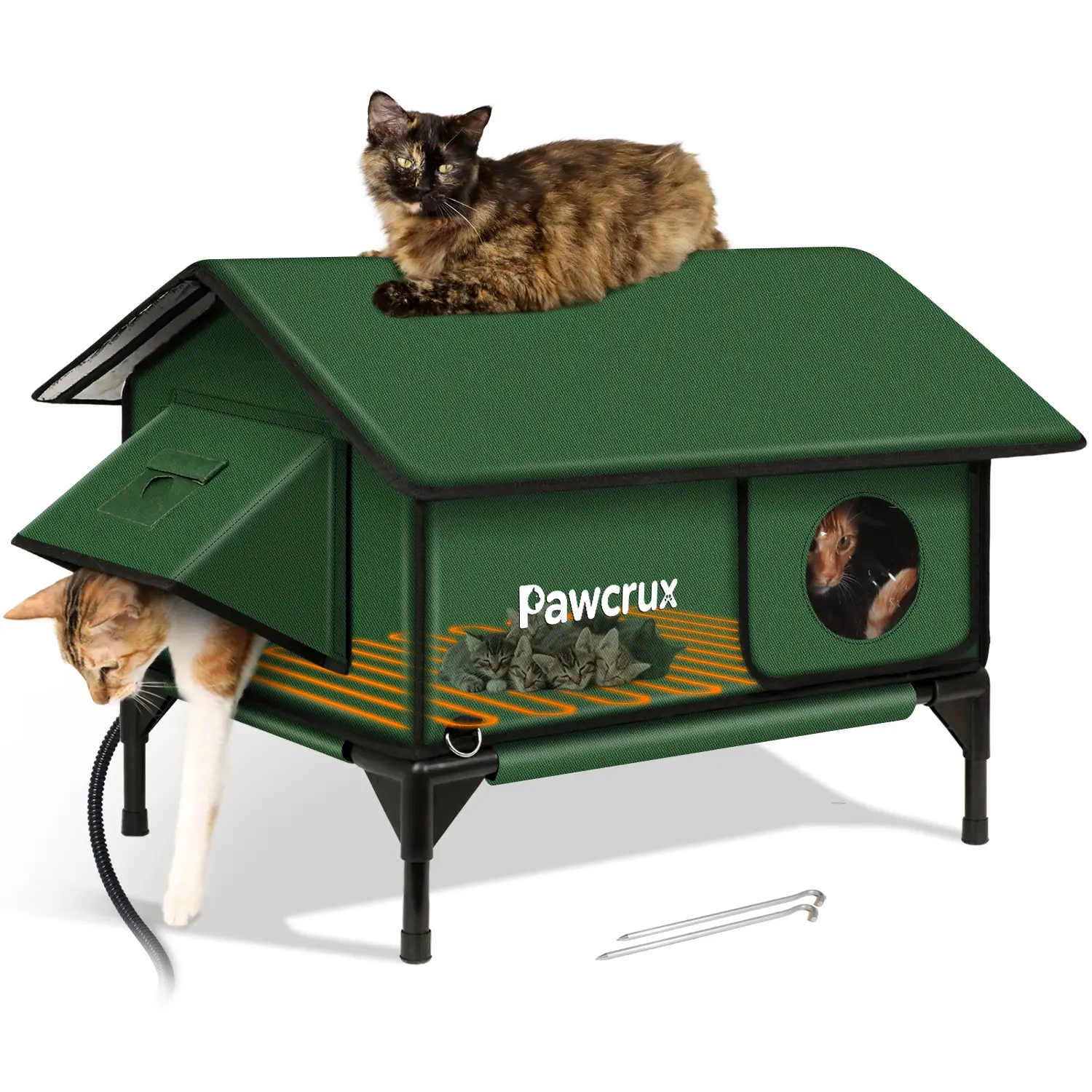 Pawcrux Outdoor Heated Cat House with High-Quality Heating Pads 6 Layer Insulation Waterproof & Indestructible One-Way Escape Door Ground Anchors