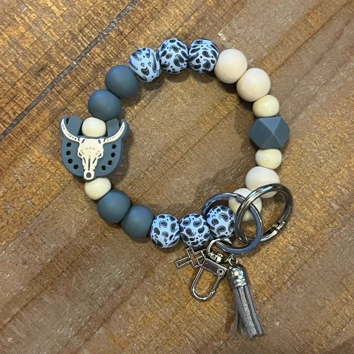 Cow Skull Wristlet Keychain with O-ring for easy attachment to Purse or Bag