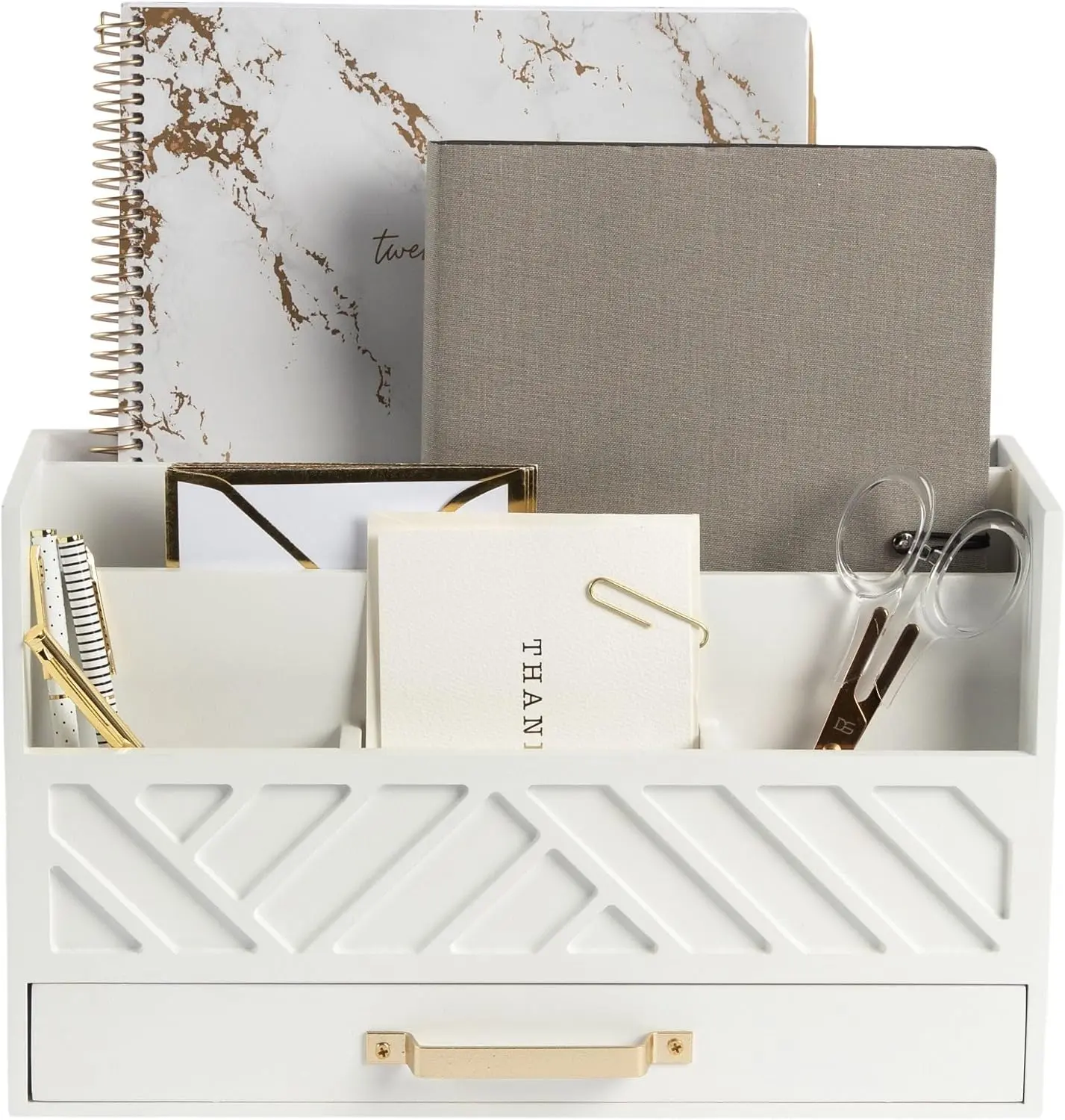 BLU MONACO | White Wooden Desk Organizer & Mail Organizer with Drawer & Gold Handle | Mail Sorter Countertop | 6 Compartments | White Desktop Organizer for Desk