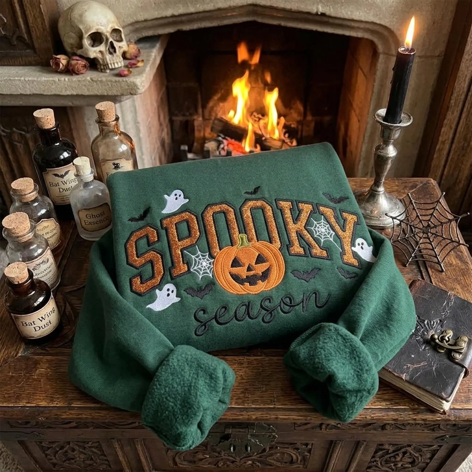 [Made in US] Embroidered Spooky Season Sweatshirt, Custom Glitter Applique Halloween Crewneck, Ghost Bat Embroidery Tee, Halloween Gift, Cozy Season Gift