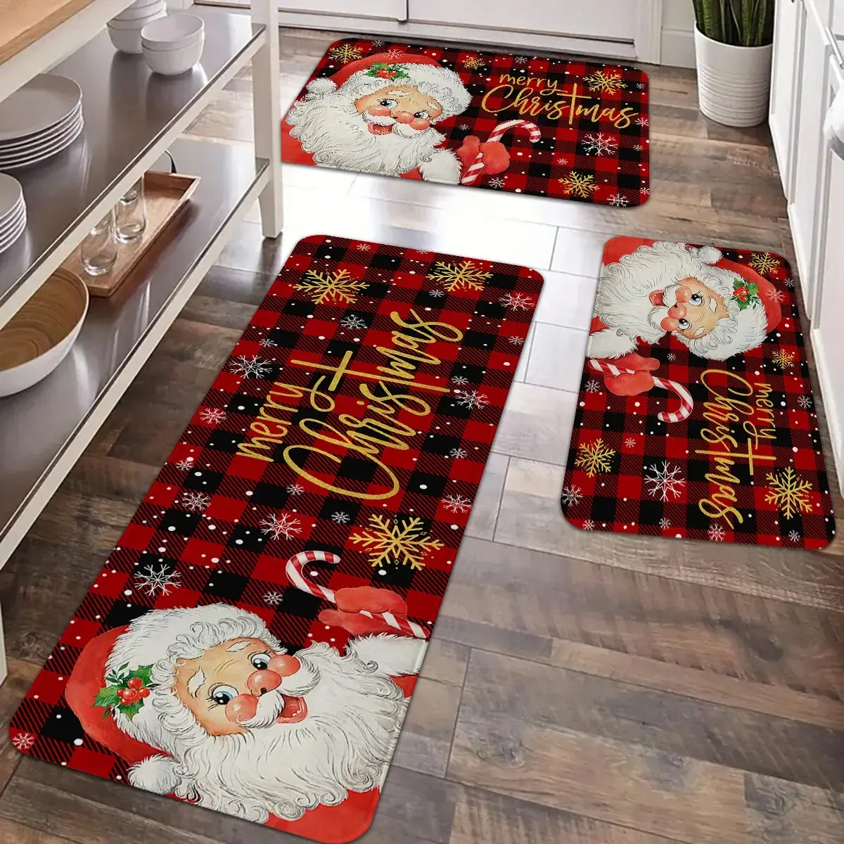 Christmas Kitchen Carpet Floor Mat, Kitchen Runner Rug, Red Buffalo Grid Santa Claus, Merry Christmas Pattern Non slip Floor Mat, Suitable for holiday kitchens, entrance doors, laundry rooms, bathrooms, living rooms, rooms Christmas floor mats