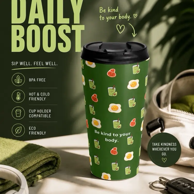 Be Kind to Your Body travel cup | healthy food pattern, green stainless steel travel bottle