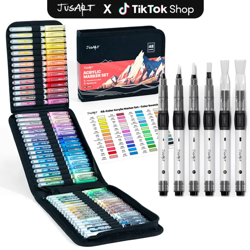 [JusArt] 48/36 Colors Acrylic Paint Markers Set (Painting Bag), Water Based Paint Pens, Waterproof Flexible Tip Acrylic Markers for Rock Painting, Woo