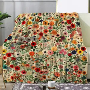 1pc Vintage Floral Print Flannel Blanket - Soft Warm All-Season Throw for Office, Camping & Travel, Machine Washable Cozy Gift for Men & Women, Vibrant Home Decor
