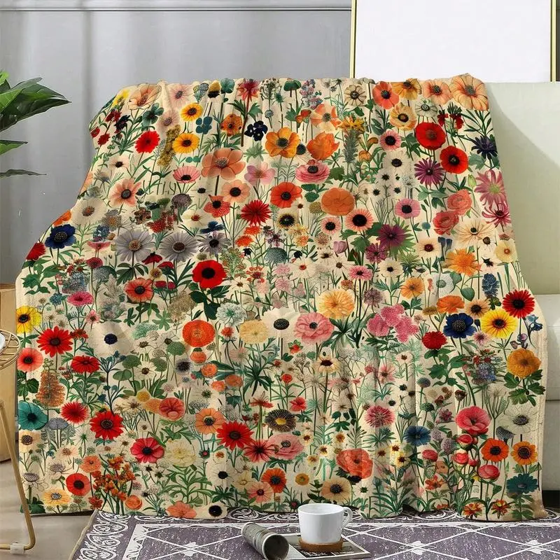 1pc Vintage Floral Print Flannel Blanket - Soft Warm All-Season Throw for Office, Camping & Travel, Machine Washable Cozy Gift for Men & Women, Vibrant Home Decor