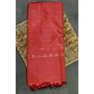 Red Vaazhai Naar (Banana Pith) Handwoven Saree with Small Butta, Borderless Traditional Saree