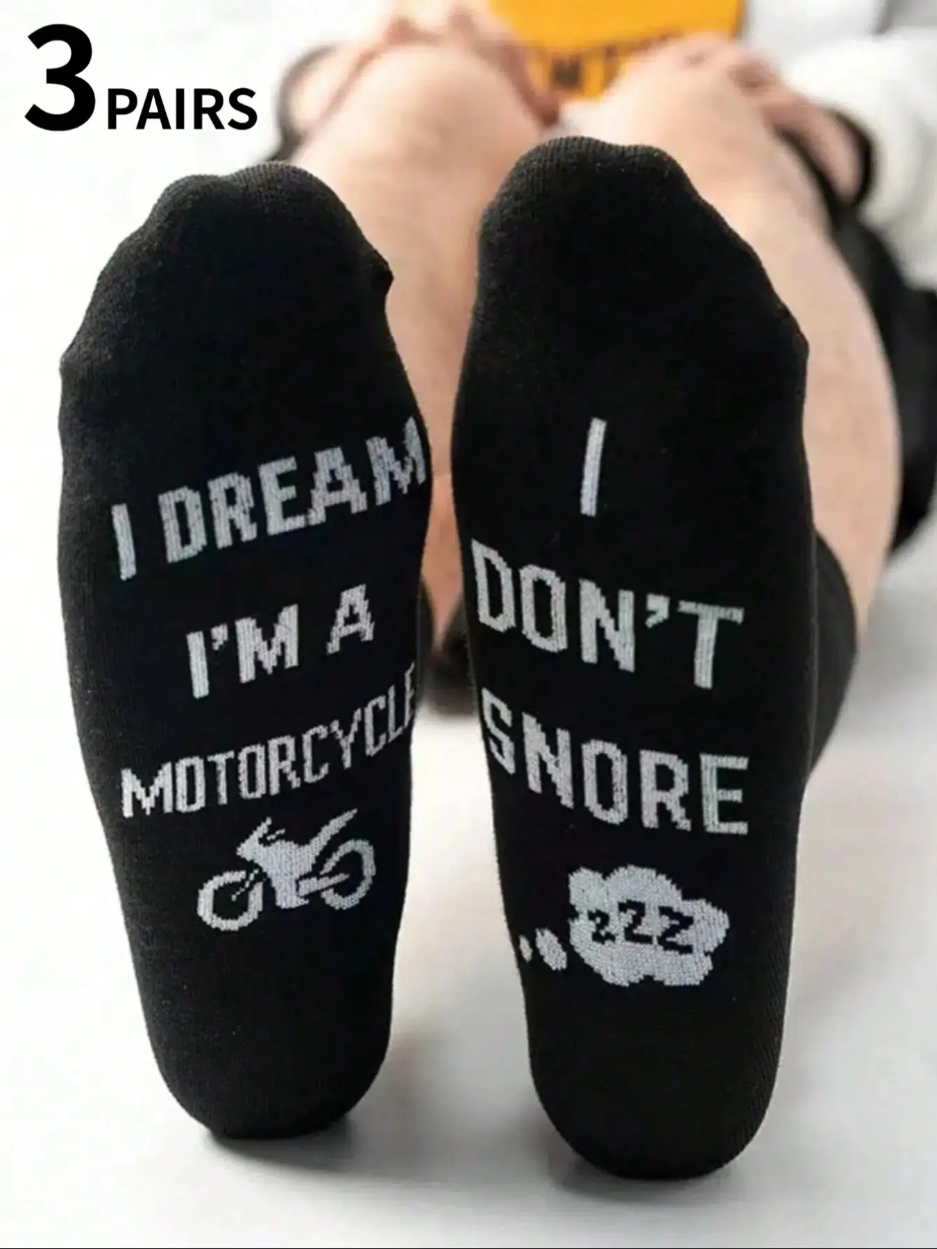 3 Pairs Men's Black Casual Socks With Lettering And Glue Dots "I DON'T SNORE, I DREAM I'M A MOTORCYCLE" Funny Non-Slip Mid Calf Socks, All Season Socks, Motorcycle Gifts For Men, Motorcycle Socks, Men Gifts On Father's Day/Christmas Fun Rider Gift