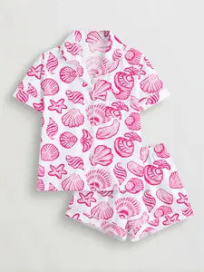 Women's Ocean Shell Printed Pyjama Set, Short Sleeve Button-Up Top & Elastic Shorts, Casual All-Season Sleepwear for Daily Wear, Sleepwear Pajamas Set, Loungewear