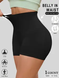 1-piece women's solid color seamless hip lifting and waist cinching high waist elastic sports flat corner shorts, sizes S-XXL, shaping and slimming, Skinny workout shorts, Seamless Gym Shorts