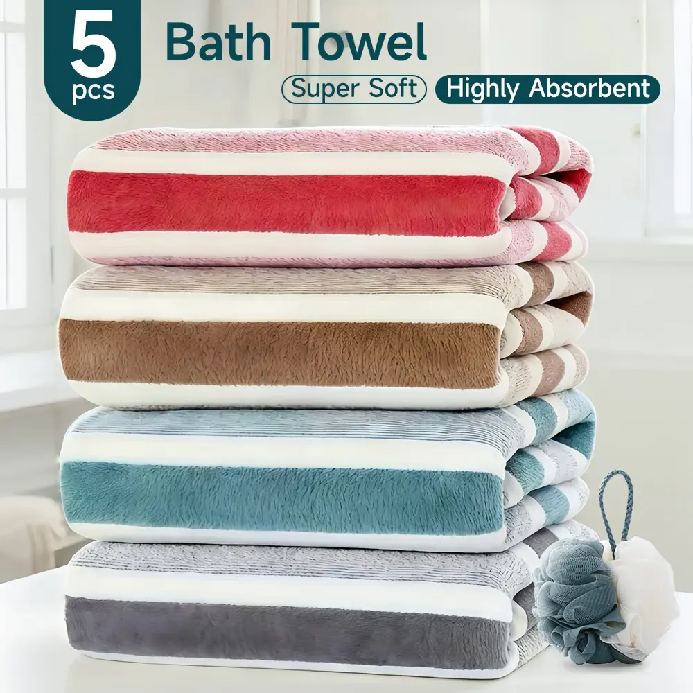 5pcs Coral Fleece Microfiber Soft Comfortable Towel Set - 4 Towels +1 Ball, Modern Striped, 600gsm, Quick-Dry, Highly Absorbent, for Adults' Bath/Spa/Beach, Space-Themed Home Bathroom Supplies, Soft Comfortable Towel Sets