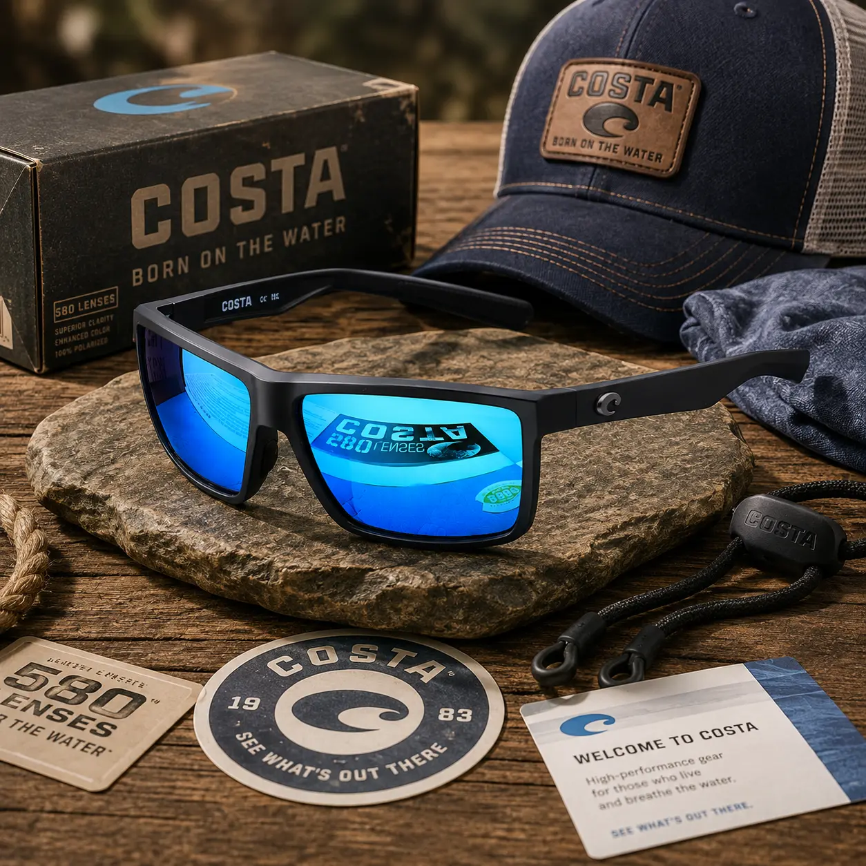 Costa Del Mar Rinconcito 580 Polarized Sunglasses, Black Frame Blue Mirror Lens, UV400 Fishing Driving Outdoor Sport Glasses