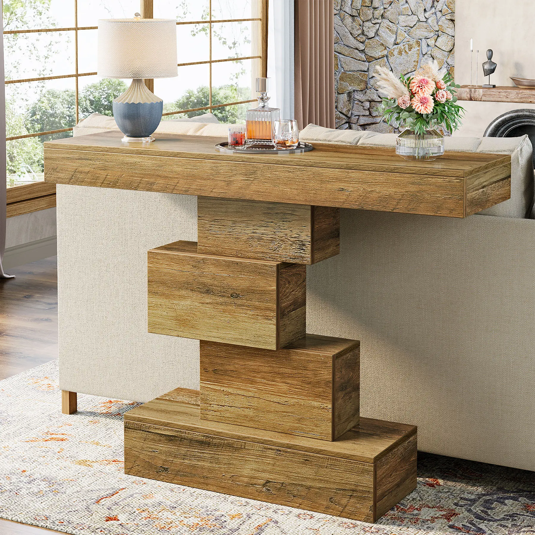 LITTLE TREE 42.5" Farmhouse Console Table, Narrow Wood Sofa Table Behind Couch with Geometric Base, Industrial Entryway Accent Table for Living Room, Hallway, Entrance
