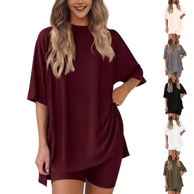 Women's 2-Piece Oversized Round Neck Ribbed Lightweight Tunic Style Tracksuit - Casual Short Sleeve T-Shirt & High Waisted Biker Shorts Lounge Matching Set