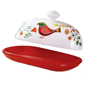 Ceramic Butter Box with Lid, 1 Count Bird & Flower Pattern Butter Keeper, Food Storage Container for Home Kitchen
