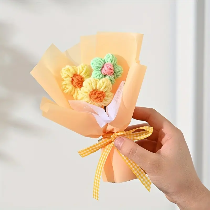 A charming mini knitted bouquet, paired with heart-shaped tissues - an ideal choice for Valentine's Day, Mother's Day and anniversary celebrations | Colorful home decoration accents, bouquet accessories
