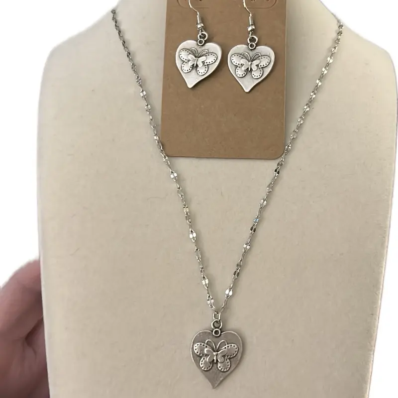 Butterfly Heart Pendant Necklace and Earrings Set Stainless Steel Lip Chain Ornate Butterfly Charms for Women ~ Jewelry For You By Beck