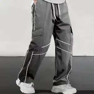 Men's All-Season Striped Polyester Athleisure Pants - Elastic Drawstring Waist, Regular Fit, Activewear Bottoms for Hiking, Sports