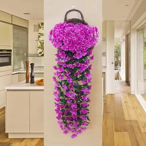 Artificial Purple Orchid Plant Wall Hanging Plastic Fake Vine Decoration Indoor Living Room Ornament Silk Flower