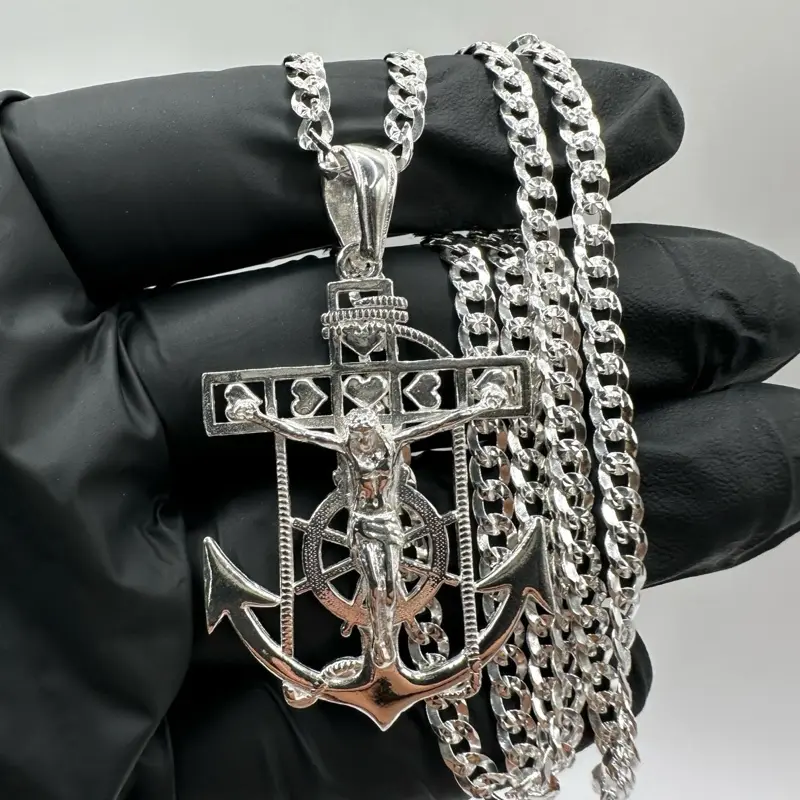 925 Sterling Silver Nautical Anchor Cross Necklace – 1.9” Crucifix Pendant with 4mm Cuban Chain