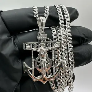 925 Sterling Silver Nautical Anchor Cross Necklace – 1.9” Crucifix Pendant with 4mm Cuban Chain