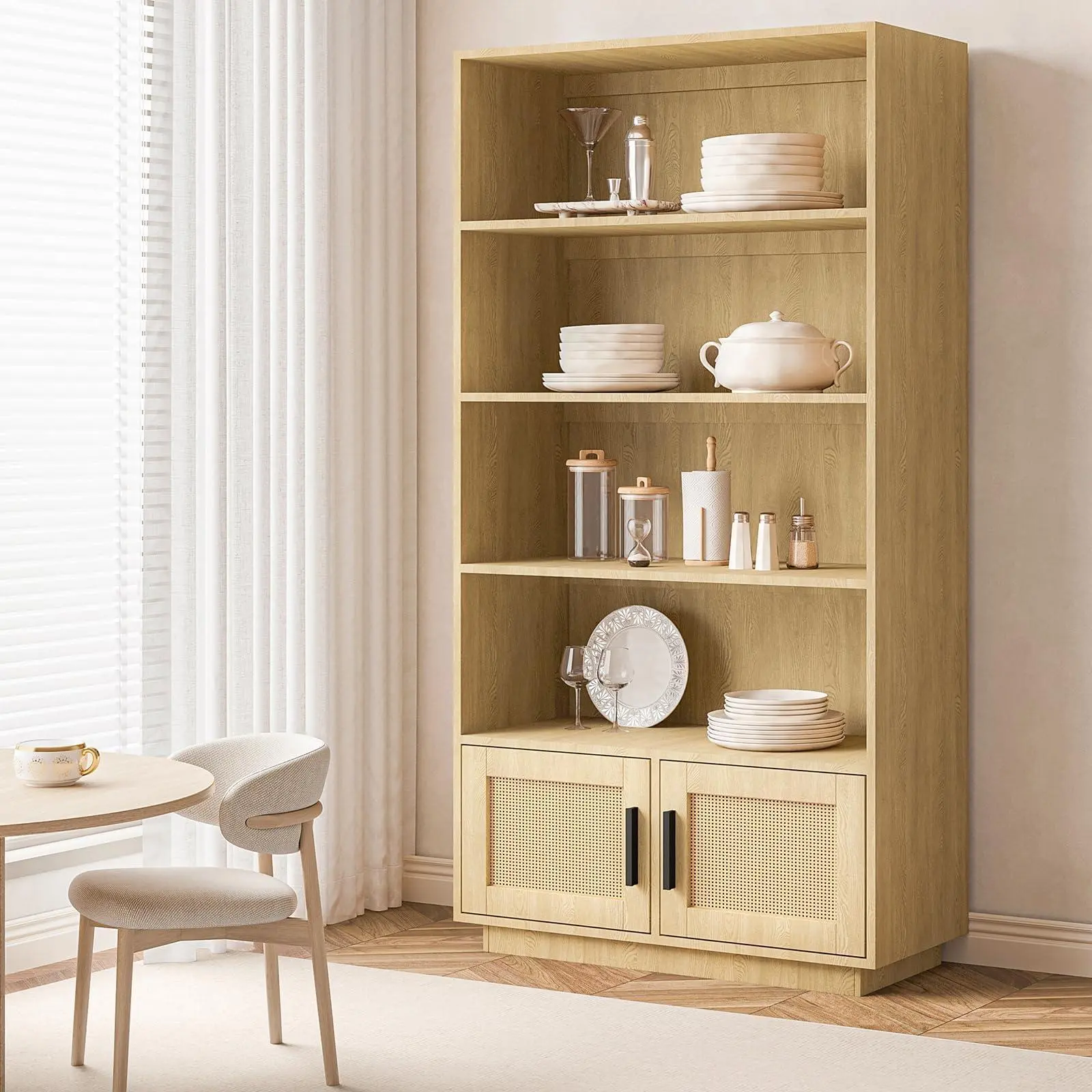 Natural Oak 5 Tier Boho Wooden Bookcase with Rattan Doors,Tall Open Shelf Book Stand with Storage for Living Room,Bedroom,Home Office,and Kitchen