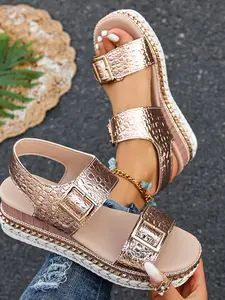 Women's Fashionable Boho Style Rhinestone Decorated Platform Sandals, Casual Comfortable Wedge Sandals for Beach Vacation, Trendy Exquisite Slide Sandals for Women, Footwear, Bohemian Trending Sandals