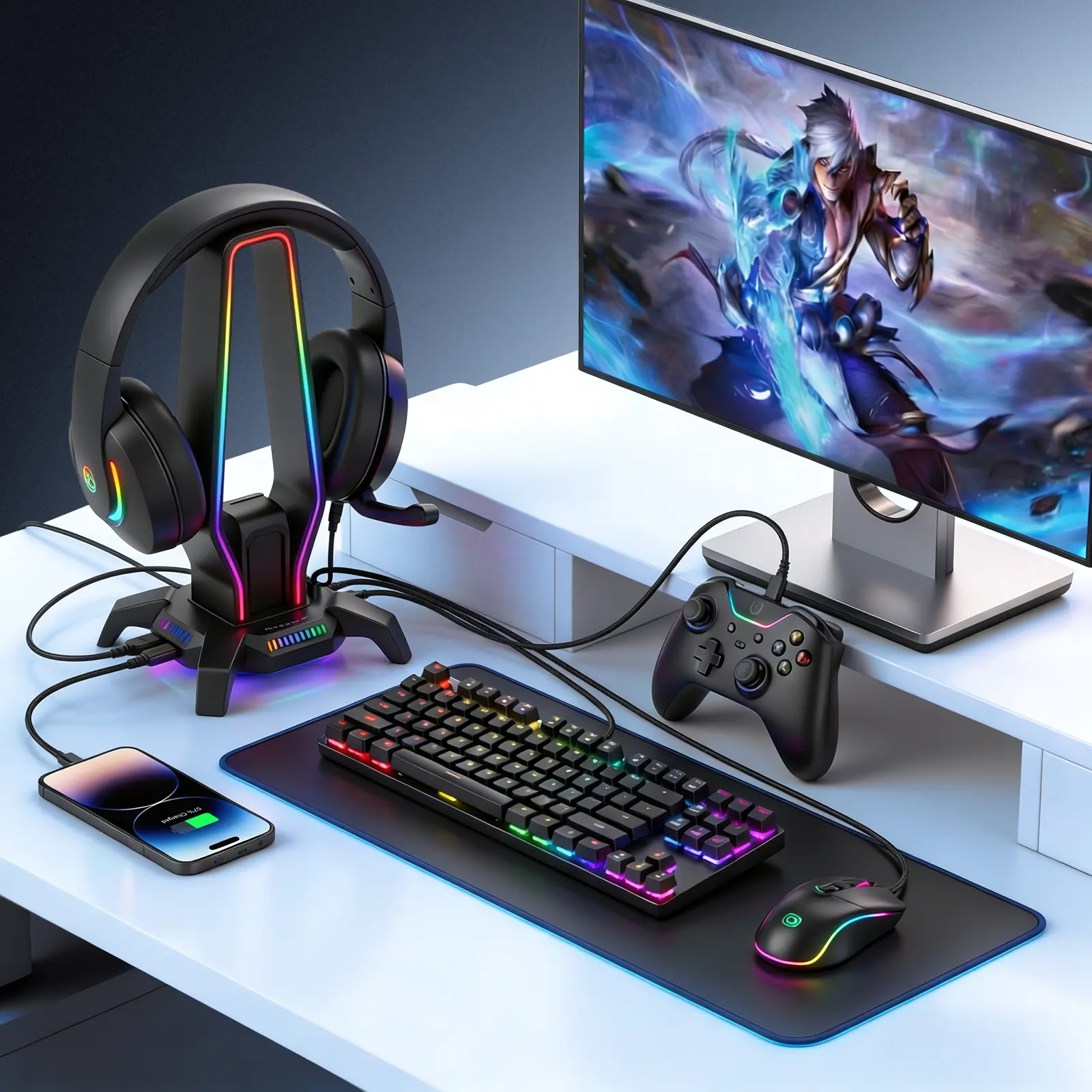 Headphone Stand for Gaming Headsets • Support Rack for E-Sports Headphones with 10 RGB Lighting • Multifunctional Storage for Headphones- USB 2.0 Hub (3 ports) + Type-C Charging Port + 3.5mm Audio Jack, compatible with various headphone accessories