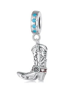 Western Cowboy Series S925 Silver Color Boot Pendant DIY Beads Jewelry, Imitation Turquoise Material, No Choking Hazard, Ca Prop 65 Compliant
