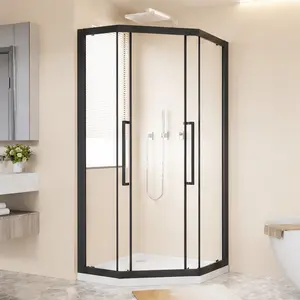 ARCH 36" x 72" Neo-Angle Sliding Shower Enclosure Diamond Shaped Clear Tempered Glass Shower Door with Double Rollers Stainless Steel Handles Matt Black Aluminum Frame Bathroom Corner Shower Stall, Matt Black Color Options, Aluminium Material