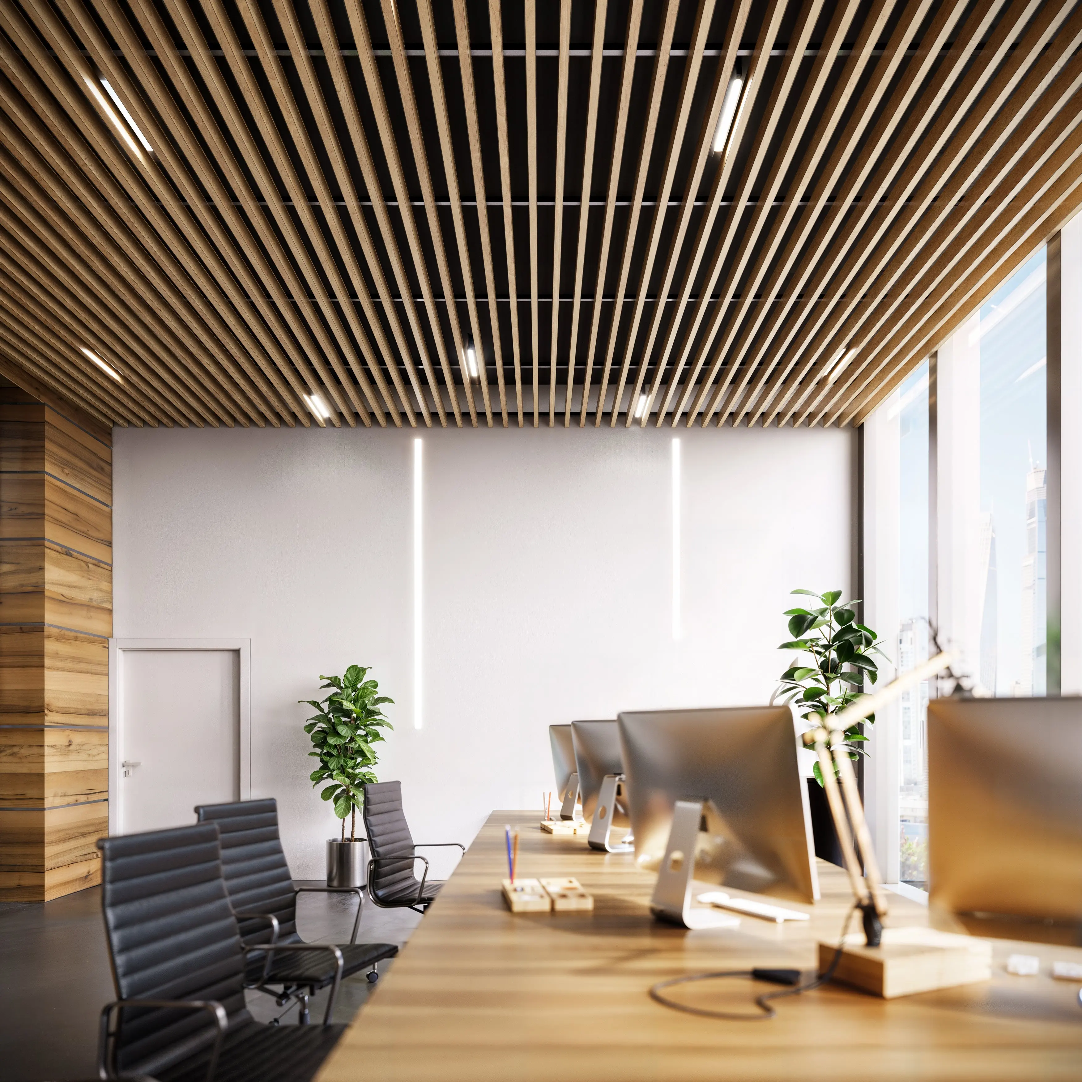 Suspended Slatted Wood Ceiling System - Light Oak