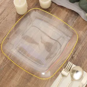 10-Pack Plastic Square Dinner Plates 10" Clear with Gold Rim - Sleek Disposable Lunch Party Plates