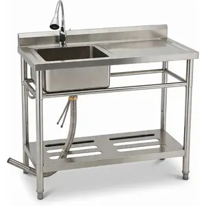 Stainless Steel Utility Sink with Hot & Cold Pull-Out Faucet, Large Capacity Laundry Sink with Storage Shelf & Drain Kit for Garage Kitchen Backyard Commercial Use