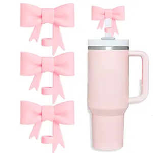 Bow Straw Covers Cap Toppers Compatible with Stanley 30&40 oz Tumbler Cups, Cute Pink 10mm Reusable Silicone Straw Topper for Stanley Tumbler with Handle, Stanley Cup Straws Accessories,3Pcs Drinkware Washable
