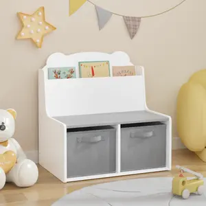 2-in-1 Kids Bookshelf with Top Display Shelf & 2 Fabric Bins – Stores Books, Toys & Games. Safe & Sturdy with Smooth Rounded Edges, Kid-Friendly Height. Perfect for Toddlers in Playroom, Nursery or Bedroom