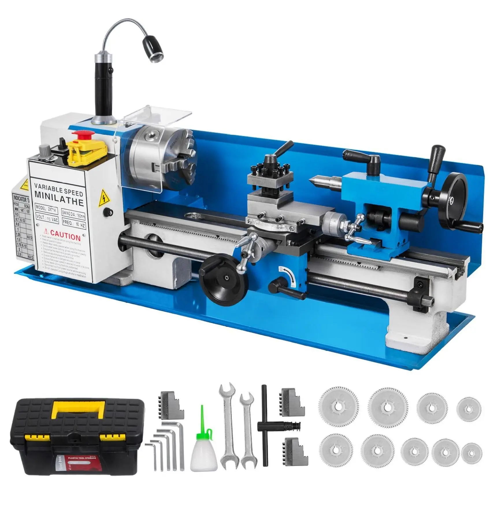 Metal Lathe 7x14 Inch, 550W Variable Speed Mini Metal Lathe with Movable Lamp & Emergency Stop, Precision Benchtop Lathe for Metal Turning 7 inch