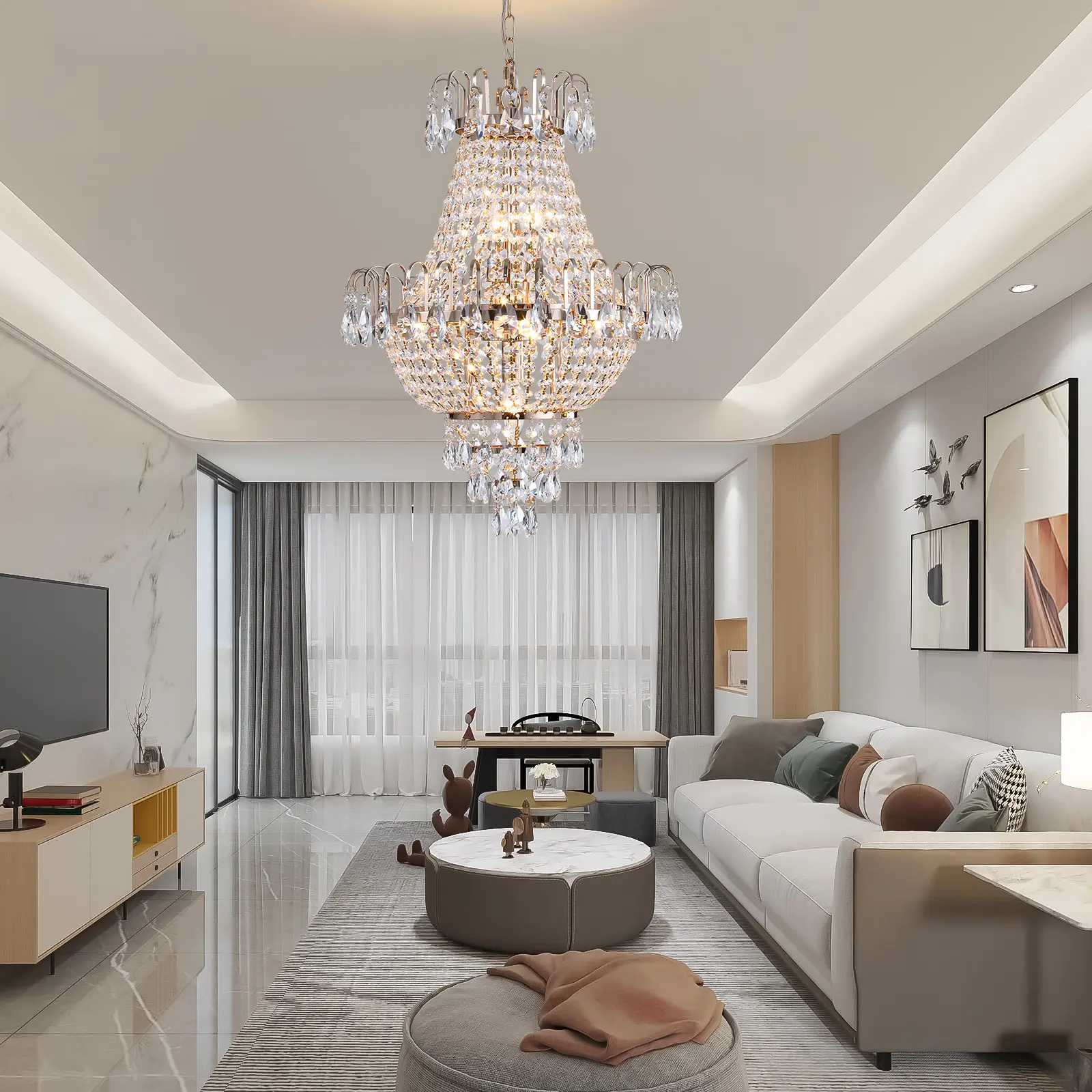 Crystal Gold Chandelier Light Fixture, 16.9 in L x 16.9 in W x 59.1 in H - for Dining Room, Kitchen Islands - Creates Ideal Ambiance for Photos, Hosting, Above Dining Tables