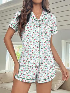 Women's Strawberry & Flower Print Pajama Set, Short Sleeve Shorts, All Seasons, Soft Comfortable Homeewear, Button Front Casual, Loungewear