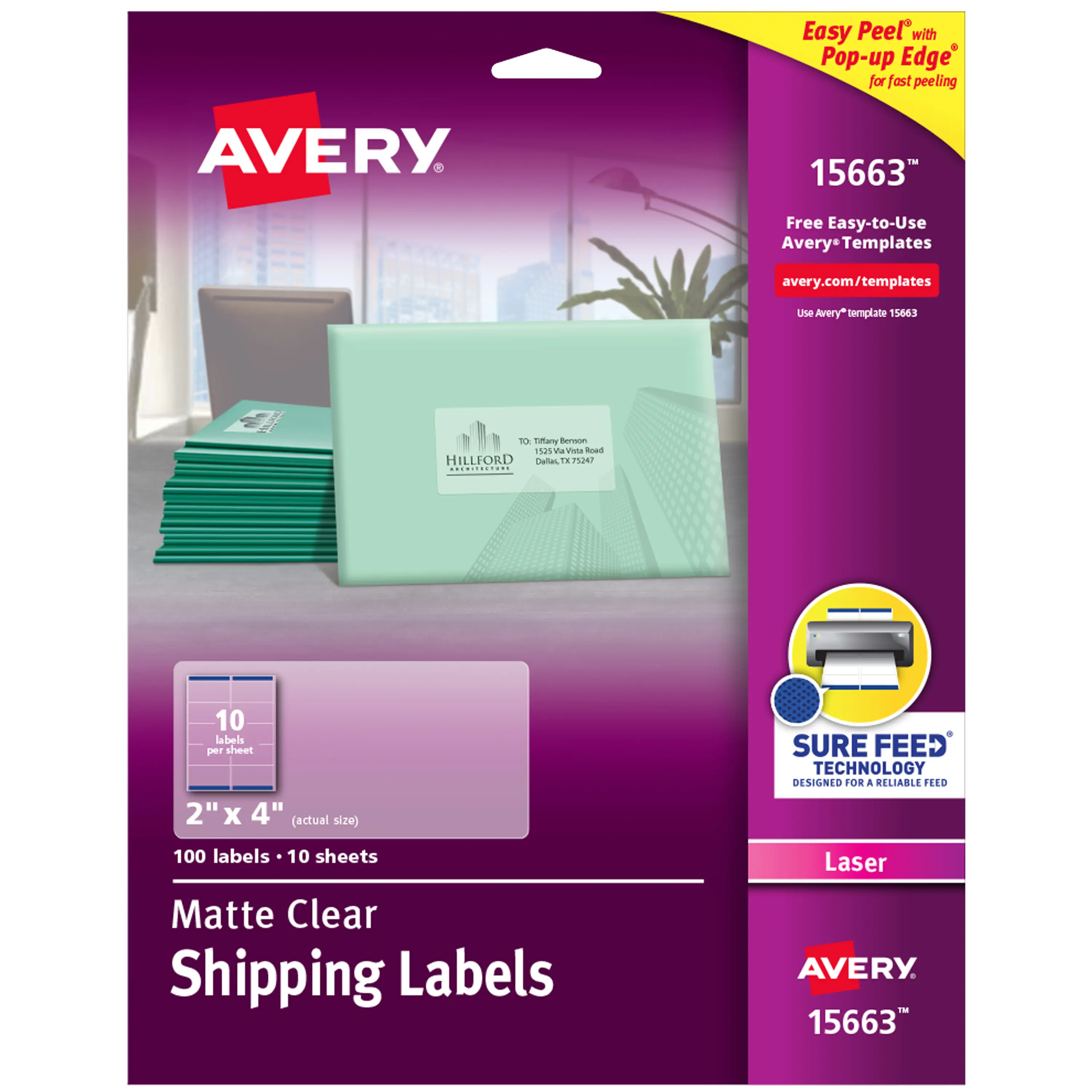 Avery Printable Shipping Labels with Sure Feed, 2" x 4", Matte Clear, 100 Blank Mailing Labels (15663)