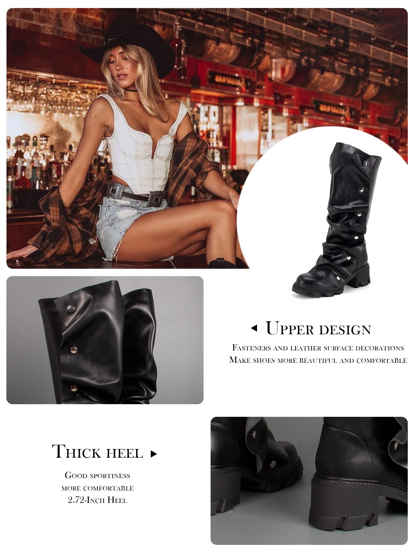 GOGD Women's Detachable Snap Off Slouchy Boots Fold Over Knee High Mid Calf Ruched Platform Chunky Block Heel Round Toe Wide Calf Boots Girl Walking Shoes Footwear