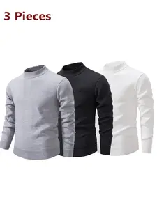 3-Pack Men's Half High Neck Sweaters, Classic Solid, Loose-Fit, Pullover, Fall & Winter, Casual, Breathable, Non-Shrink