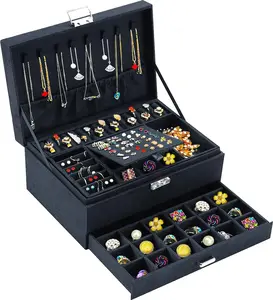 Qbestry Jewelry Box for Women with Drawer, 3-Layer Large Jewelry Organizer with Lock & Key, 8 Necklace Hooks & 56 Earring Holes, Black Velvet Jewelry Storage Box for Necklaces Earrings Rings Bracelets QBestry