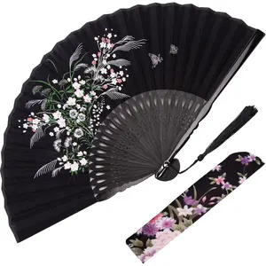 Folding Fan, 8.3 Inch Black Folding Linen Hand Fans for Line Dancing Handheld Chinese Style Crafts for Dancing, Wedding, Party Favors DIY Decoration