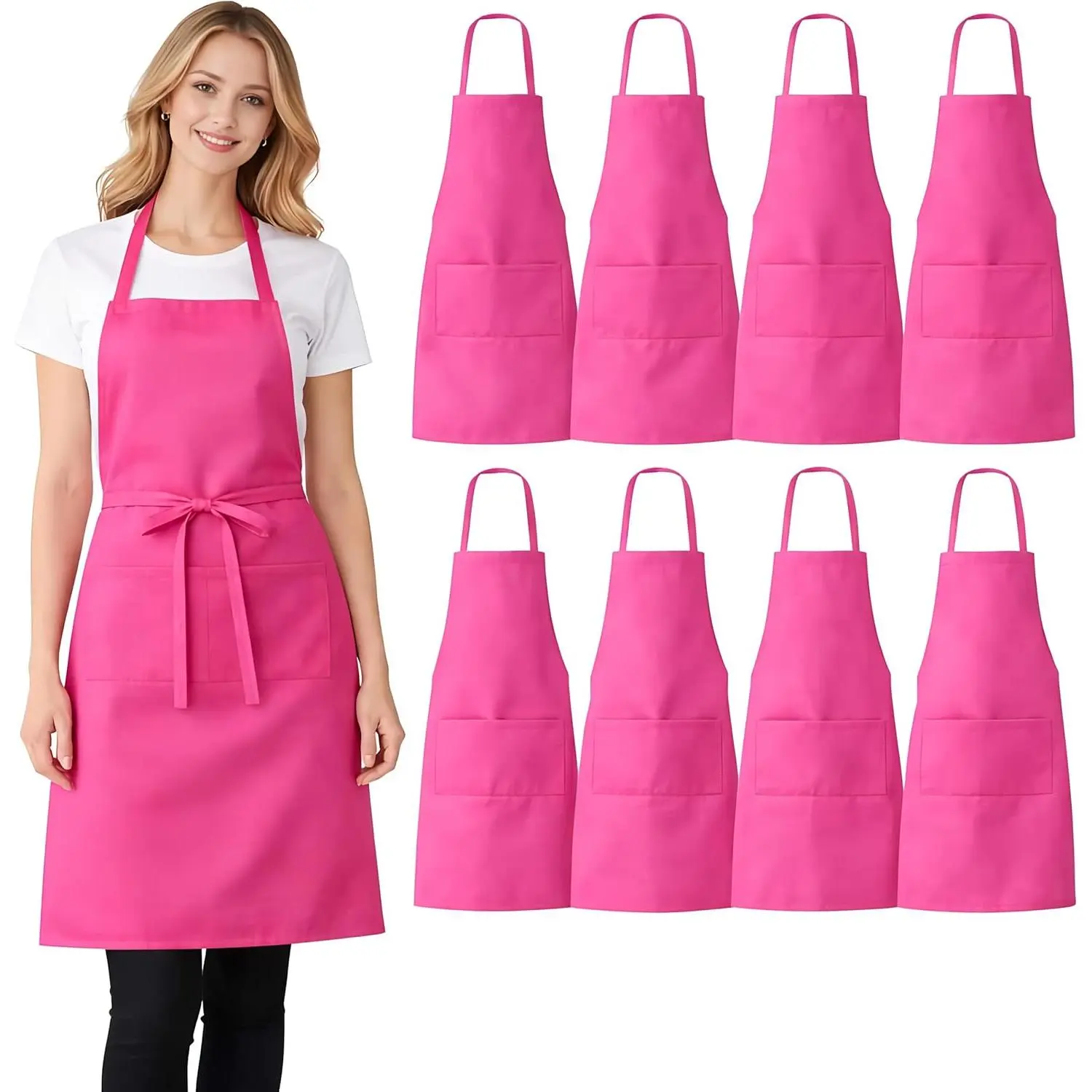 8 Pack Aprons Bulk with Pockets, Unisex Apron with Extra Long Ties for Chef, Cooking Classes, Painting, BBQ