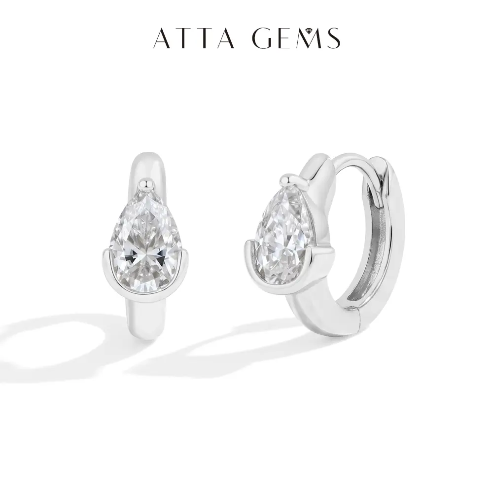 ATTAGEMS Women's Simple Huggie Hoop Earrings, 925 Sterling Silver 4x6mm Pear-Octagon Moissanite Dangle Studs for Daily Wear, Simple Stud
