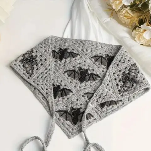 Bat Pattern Crochet Triangle Shawl, 1 Count Crochet Bat Scarf, Decorative Scarf, Fashionable Crochet Triangle Shawl for Women & Girls, Halloween Theme Textured Blanket Scarf, Shawl Wrap, Lace, Hand Made, Crochet Craftsmanship, Shawls and Wraps