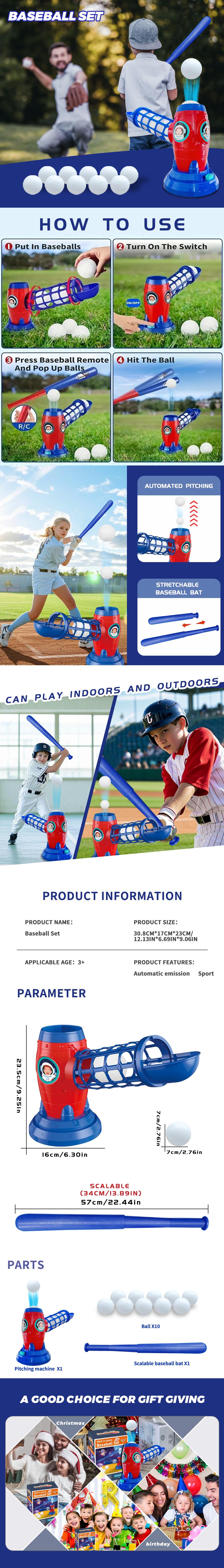 Kids Automatic Baseball Pitching Machine Set, Baseball Stuff with Extendable Bat, 10 Balls, Easy Assembly, Outdoor Backyard Sports Toy for Boys & Girls, Builds Hand-Eye Coordination & Reaction Skills
