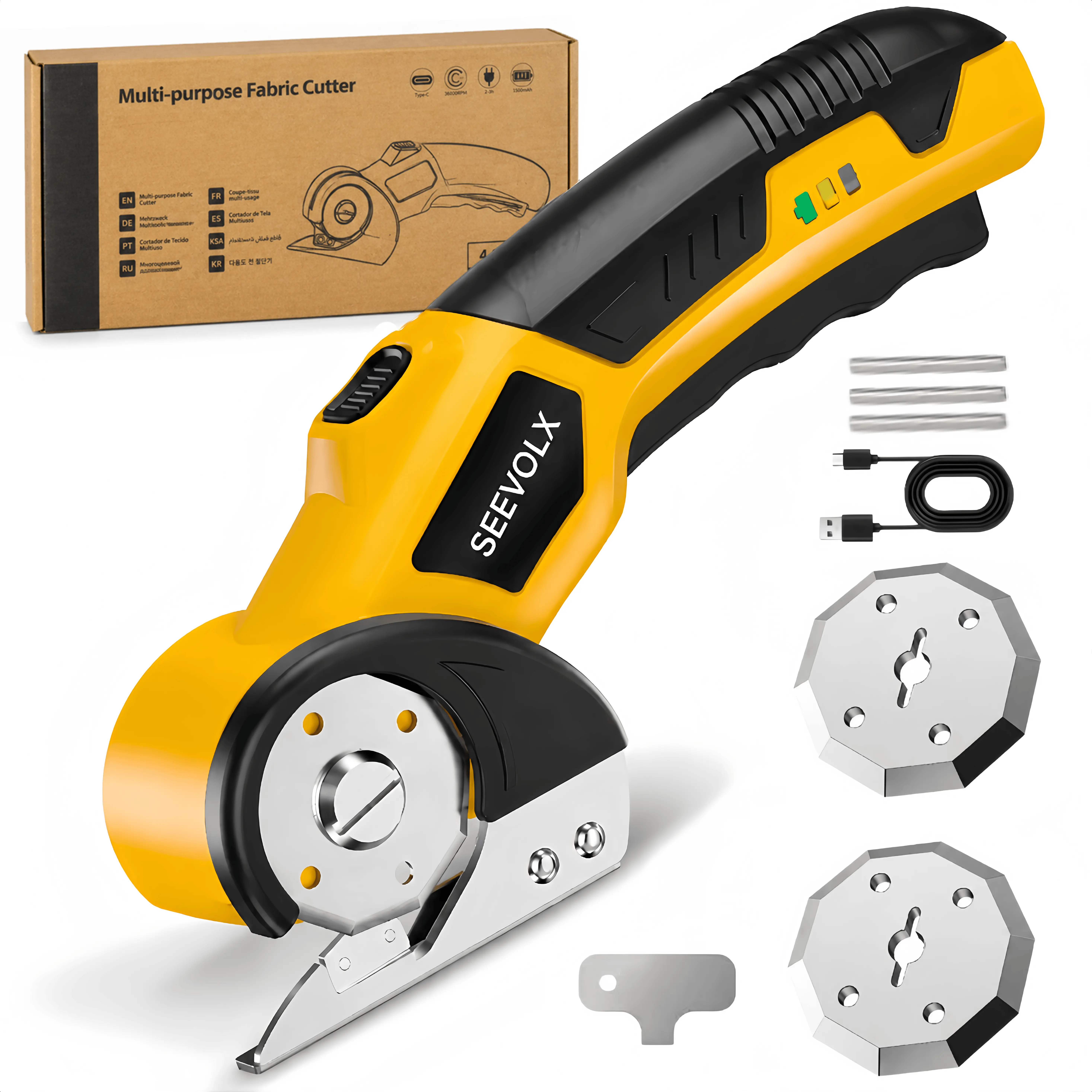 【WeeklyDeals】SEEVOLX Cordless Rechargeable Electric Scissors Cutter Kit - Heavy Duty Hand Tool with Safety Lock, Basic 1 Speed, 2 Blades, LED Lights, 1500mAh Battery, Space-Saving Design for Cardboard, Sewing Projects, Father's Day Gift for Friends