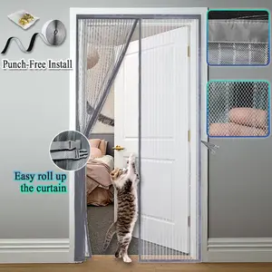 [Magnetic Mosquito Net] Summer Magnetic Closure Screen Door, Gray Striped Door Panel with Storage Clasp | Suitable for Home, Balcony, RV, Doors | No Drilling, Tape Hanging System