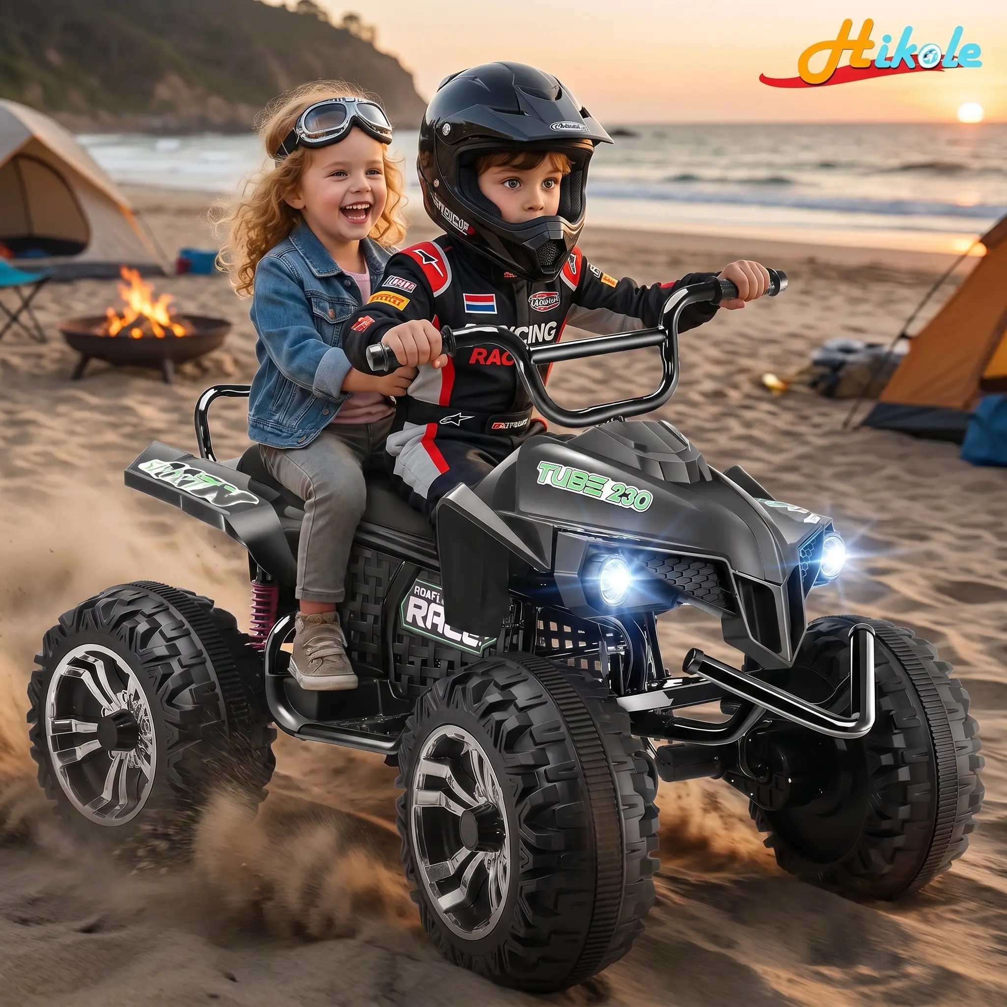 Hikole #backtoschool 24V 4WD Dual Seat Battery-Powered Kids ATV Car, Upgrade Electric Ride-On Quad with Bluetooth Music, LED Lights, 4-Wheel Suspension, Reinforced Metal Frame, Battery Display, BPA-Free, Latex-Free for 3+ Children Development,tiktokshopba