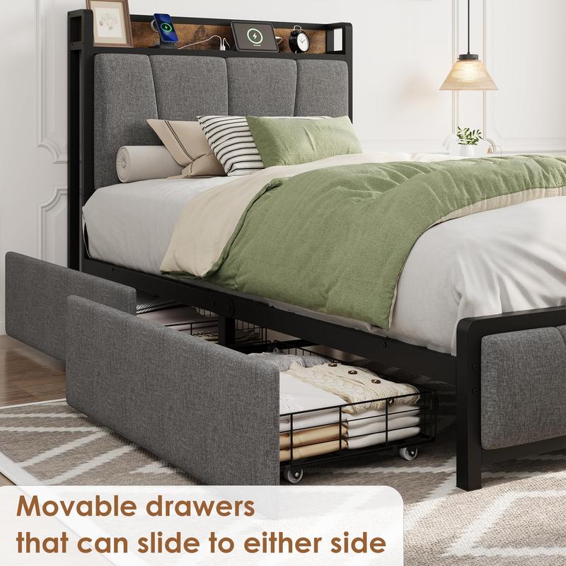 Twin Size Bed Frame with 2 Storage Drawers and Charging Station, Rustic Linen Upholstered Platform Bedframe with Storage Headboard, Heavy Duty, No Box Spring Needed, Easy Assembly, Noise Free